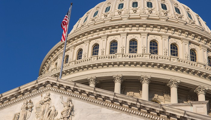 Detail of the United States Capitol building in Washington D.C., the meeting place for Congress, and the seat of the legislative branch of the federal government.